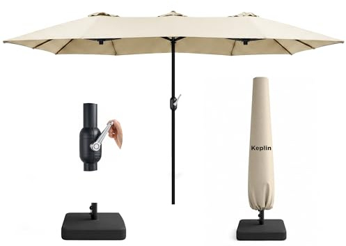 KEPLIN Double Garden Parasol with Base and Cover 4.5x2.7m – Extra Large Outdoor Patio Umbrella, 12 Steel Ribs, 180gsm Polyester Canopy, Crank Handle, Weather Resistant Shade, UV Protective, Cream