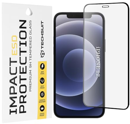 Techsuit Displayschutzfolie für iPhone 12, iPhone 12 Pro Gehärtetes Glas mit Antistatisch, Staubabweisend, Vollständige Abdeckung, Stoßschutz, Oleophobe Beschichtung, Anti Fingerabdruck, Blasenfrei, E