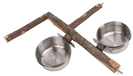 Cosiki Ensemble de Bols d'alimentation en Bois pour Perroquets, Bois de Pommier de qualité Supérieure avec Bols en Acier Inoxydable pour Mangeoire pour Cage à Oiseaux, 3 Poteaux et 2 Inclus (Grande