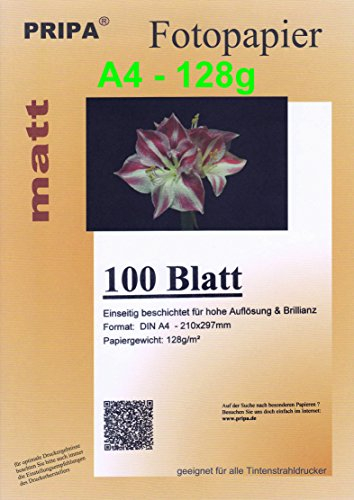 pripa 100 Blatt InkJet Fotopapier - matt beschichtet - OHNE Glanz - DIN A4-128g - Tintenstrahldrucker