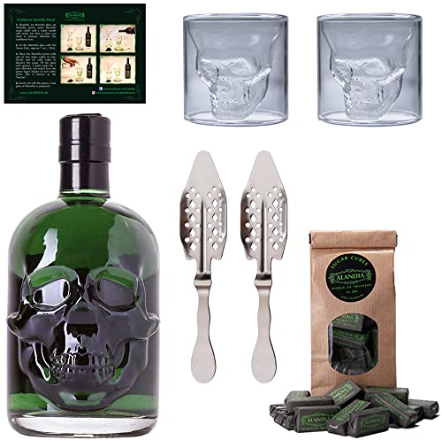 Totenkopf Absinth Set | 1x Hamlet Classic Green von ALANDIA | 2x Skull Gläser | 2x Edelstahl Löffel | 1x Zuckerwürfel