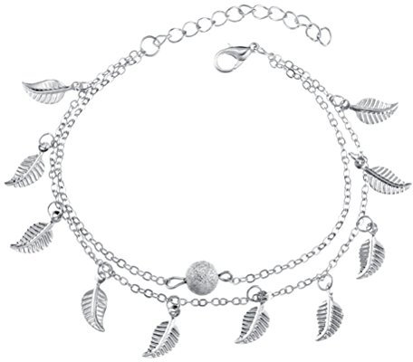 Freessom Bracelet Cheville Femme Pendentif Feuille Boule Retro Boheme Double Chaînes Fantaisie Ethnique Indien Reglable Original Plage Bijoux Pas Cher (Argent)