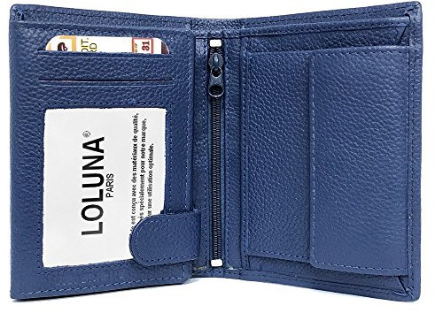 LOLUNA® Portefeuille Petit Format Cuir Vachette Souple 3 Volets Pratique pour Placer 10 Cartes - permis - identité - Billet - Monnaie - Idée Cadeau pour Homme et Femme - Bleu Marine