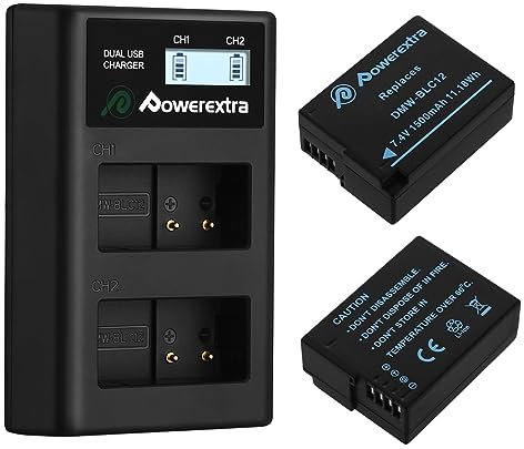 Powerextra 2 Batteries de Rechange et Chargeur 1500 mAh pour Panasonic DMW-BLC12 DMW-BLC12E DMW-BLC12PP et Panasonic Lumix DMC-G85 DMC-FZ200 DMC-FZ1000 DMC-G5 DMC-G6 DMC-G7 DMC-GH2 DMC-GX8 DMC-FZ300K