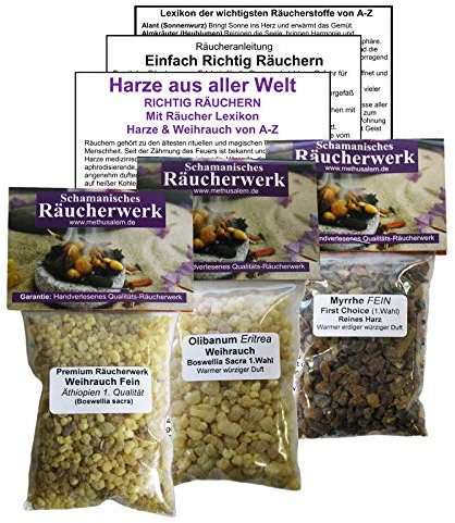3 x TOP 3 Reine HARZE zum räuchern WEIHRAUCH + Olibanum + MYRRHE 3 x 50ml (150ml). 4-TLG Räucherset mit Olibanum Eritrea + WEIHRAUCH FEIN + MYRRHE FEIN + Anleitung. 81670-5