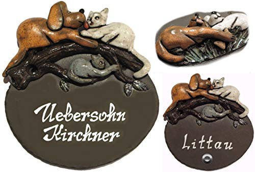 Hund-mit 2 Kätzchen auf Ast-Keramikschild-Türschild-Klingelschild-Namensschild-Schild-145 x 155 mm-von Hand gefertigt-Incl. Beschriftung-Mit, oder ohne Klingel (6927 incl. Text -Mit Klingelkontakt)