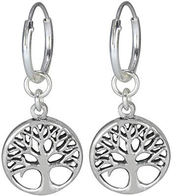 I love silver jewellery Sterling Silver Tree of Life Dangly Charm Sleeper Hoop Earrings - Size: 12mm