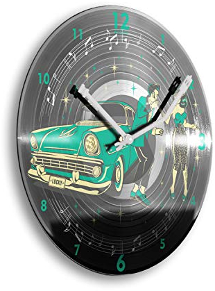 Kreative Feder Rockabilly Pinup Schallplatten-Uhr Retro Vinyl Designer Funk Wanduhr leise Funkuhr ohne Ticken 30cm (Rockabilly Pinup, leises Funkuhrwerk)