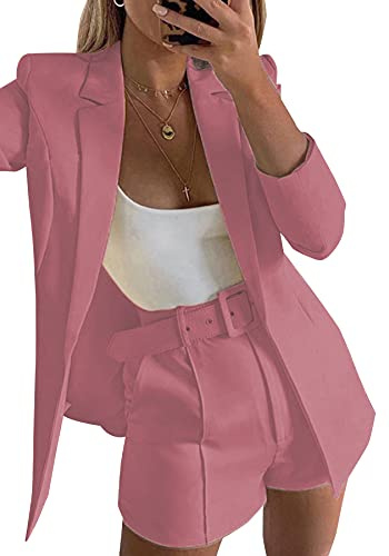 Tcremisa Ensemble Blazer et Short 2 pièces pour Femme, Blazer Ouvert sur Le Devant, Tenue d'affaires avec Ceinture, 01 Rose, Taille L