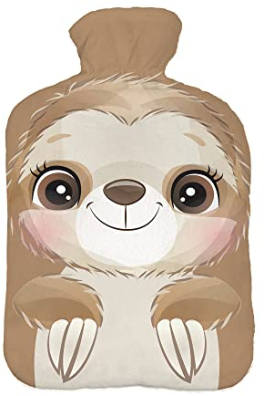 Wärmflasche mit Pullover Bezug 2 Liter Bettflasche mit schönen Fleece-Druck Bezug Gummi Wärmflasche mit Deckel Weiß Braunes Faultier [092]