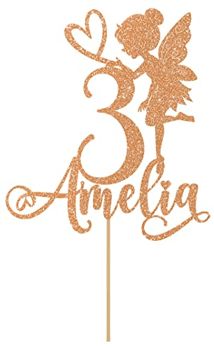 Personalised Fairy Gltter Cake Topper- Rose Gold Any Custom Name & Age Glitter Cake Decoration and Sprinkles - Happy Birthday Decorations - Personalised Toppers for Cakes by Cakeshop