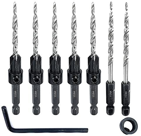 Saipor 5pcs Wood Countersink Drill Bit Set with 2pcs Counter Sinker Replacement Tapered Drill Bit All Same Size 11/64 Quick Change Hex Shank Screw Drill Counter Sink Bit for Drilling Pilot Hole