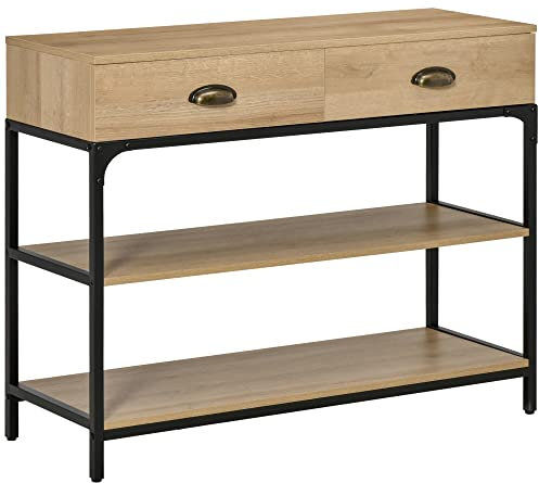 HOMCOM Table console d'entrée avec 2 tiroirs et 2 étagères de rangement, cadre en acier Meuble d'entrée pour couloir salon 100 x 35 x 79,2 cm Chêne