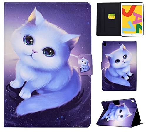 Vaitasy Coque pour iPad 10.2 Pouces iPad 9ème /8ème /7ème Génération, Flip Book Étui de Protection avec Fonction Support Housse iPad 10,2 (2021/2020 /2019) iPad Air 10.5 2019 - Chat Blanc