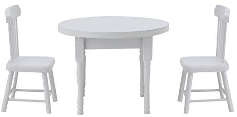 VBESTLIFE Hölzernes Puppenhaus-Tisch-Stuhl-Möbel-Set, Maßstab 1:12 Miniatur-Holz-Weiß-Esstisch und Zwei Stühle Küchenmöbel-Set Puppenhaus-Zubehör(Dreiteiliges Tisch- und Stuhlset)
