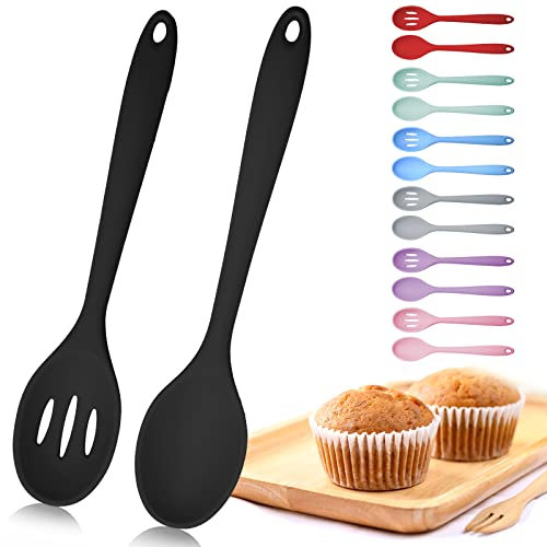 Mixing Spoons, Silicone Slotted Spoon, Silicone Spoons for Cooking, Serving Spoons for Mixing, Serving, Draining, Stirring, Dishwasher Safe, Heat-Resistant, Non Stick (Black)
