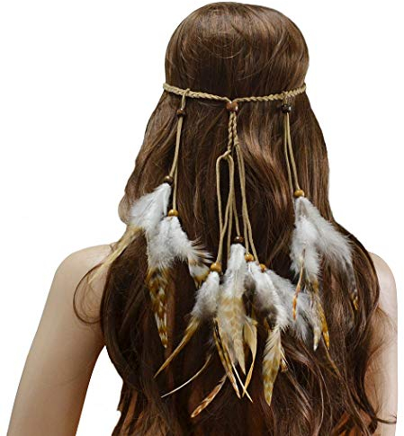 Fnjuucw Indisches Feder-Stirnband, Boho-Federquasten Hanfseil Haarband, Indianer Tribal Kostüm Kopf Kleid Zubehör für Frauen (B)