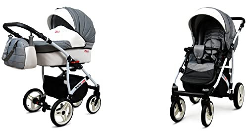 BabyLux White Lux 2-in-1 Baby Kinderwagen Tief und Kinderwagen mit Zubehör Verstellbar und faltbar Aluminium Konstruktion Wasserdicht Nicht abnehmbare Räder Carbon