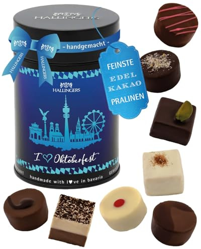 Hallingers Genuss Manufaktur Pralinen Geschenk - ohne Alkohol, handmade aus Confiserie-Edelkakao in wertiger Geschenkdose I love Oktoberfest, Geschenkidee für Frauen Männer