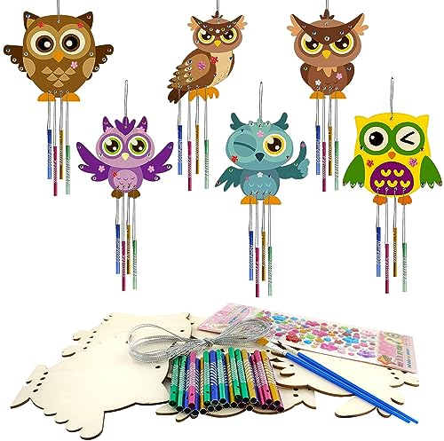 Eule Bastelset für Kinder 33 Stück - Herbst Windspiel aus Holz mit Pinsel und Edelsteinaufkleber - Kreatives Deko Set