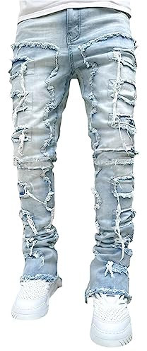 Pantaloni di Jeans da Uomo Gamba Dritta Strappato Pantaloni Uomo Elegante Casual Pantaloni Slim Fit Strappato Skinny Blu Pantaloni Hip Hop Moda Uomo Taglie Forti (Blu Chiaro, S)
