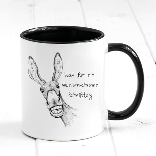 Bedruckte Tasse Esel mit Spruch Was für ein wunderschöner Scheißtag, Geburtstagsgeschenk mit Humor, Kaffeetasse Kaffeebecher, schwarz
