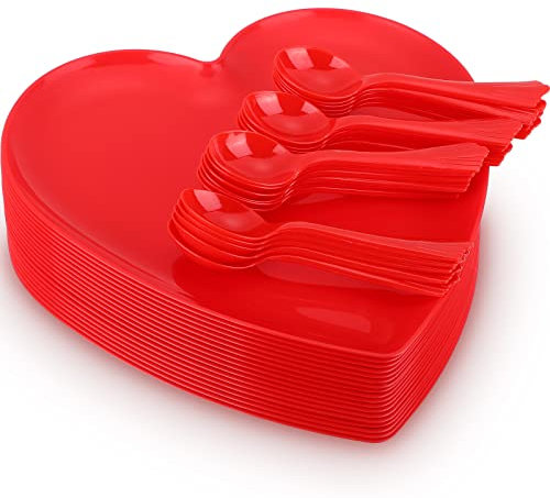 Layhit El juego de 38 platos en forma de corazón de San Valentín incluye 18 bandejas de alimentos en forma de corazón para el día de San Valentín de 10 pulgadas, 20 cucharas de plástico, plato de