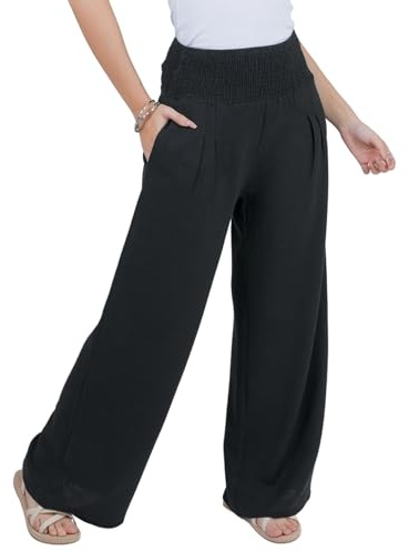 Lofbaz Women Linen Palazzo Wide Leg Pants Flowy Lounge Casual High Waist Trousers Summer Beach Boho Long Pant with Pockets