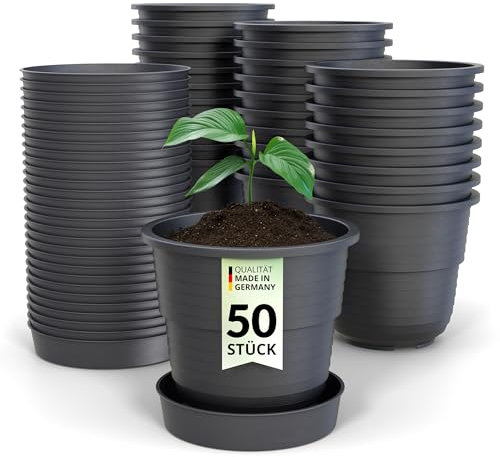 Plastard Anzuchttöpfe 8 cm Durchmesser 50 Stück mit Untersetzer Kunststoff Pflanztöpfe aus witterungsbeständigen Material. Runde Saattöpfe, Anzuchttöpfchen