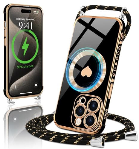 Micoden Magnetische Handykette für iPhone 15 Pro Max Necklace Hülle mit Band kompatibel mit Magsafe Kameraschutz Herz Silikon Case Kordel zum Umhängen Handyhülle Stoßfeste Schutzhülle,Schwarz