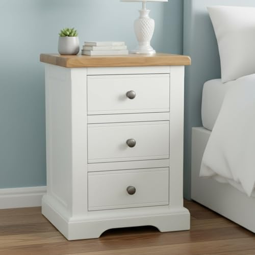 GROF GROFurniture XL Snow White Bedside Table 3 Drawers Bedside Cabinet, Real Wood Large Bedside Cabinet, Narrow Bedside Table Oak Top Bedside for Bedroom, Side Table or Sofa End Table