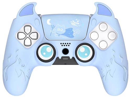 playvital Protection Manette pour ps5 Coque Housse Silicone avec Capuchon pour ps5 Joystick Grip et Sticker Pavé Tactile,Cover Skin Compatible avec Station de Charge,Cute Demon-Bleu