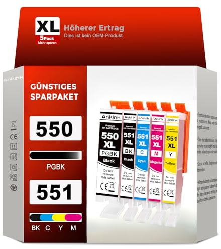 ANKINK Kompatibel Tintenpatrone Druckerpatronen als Ersatz für PGI 550XL CLI 551XL für Canon Patrone 550 551 XL für IP7250 IP8750 IX6850 MX725 MX920 MX925 MG5450 MG5550 MG5650 (PGBK BK C M Y 5 Pack)