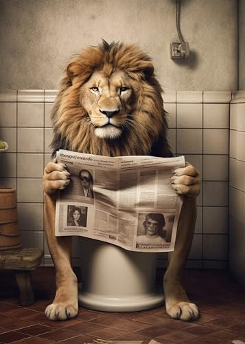 Löwe auf WC, Poster 50cm x 70cm ohne Rahmen, Toilette Badezimmer Deko Bild, Wand-Deko Bilder Lustiges Geschenk