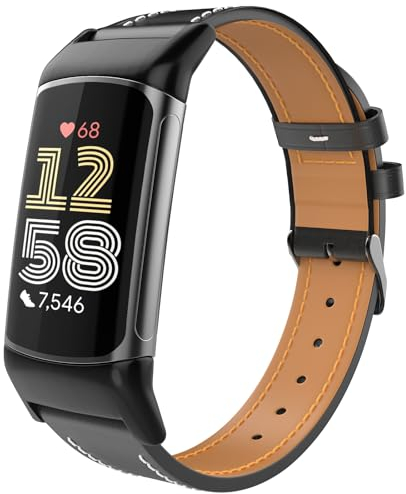 TiMOVO Leder Armband Kompatibel mit Fitbit Charge 6/Fitbit Charge 5 Uhrenarmband, Genarbtes Echtes Klassisches Leder Ersatzarmband für Damen und Herren, Schwarz