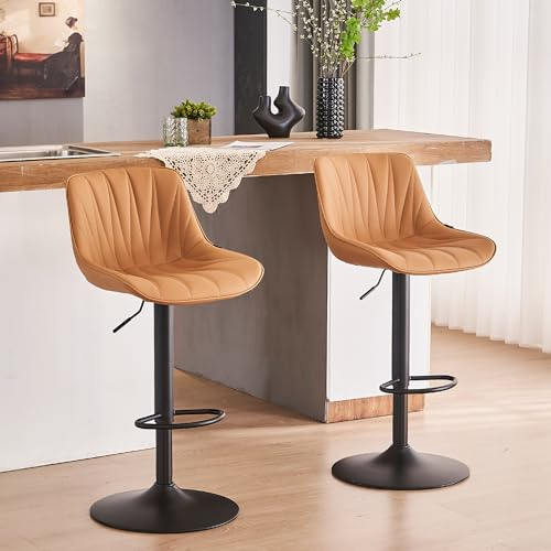 YOUNIKE Bar Stools Set of 2, Swivel Tall Barstools with Back, Adjustable Height Faux Leather Upholstered Modern Counter Height Bar Chairs, Tan