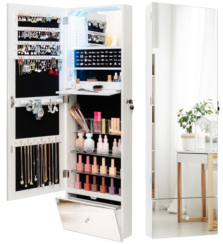 HOMASIS Hängeschrank für Schmuck, Schmuckschrank mit Spiegel und Schloss mit LED-Beleuchtung, 3 Farben, Schminkschrank mit klappbarem Regal, Wandschrank, 120 x 37 x 11 cm, Weiß