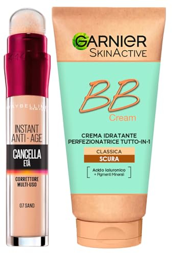 Garnier Skinactive BB Cream feuchtigkeitsspendende Gesichtscreme Perfektionator All-in-1 SPF15 Dunkler Farbton 50 ml + Concealer flüssig Farbe 07 Sand mit Schwammapplikator