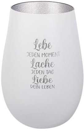 Der-Porzellan-Laden Windlicht mit Gravur Lebe jeden Moment Lache jeden Tag, Weiß Silber, Teelichthalter aus Glas mit Spruch, Tischdeko modern