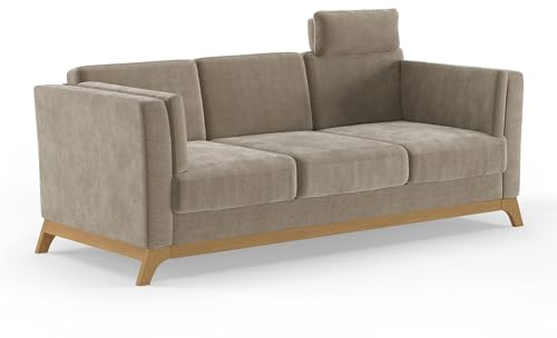 Cavadore 3er-Sofa Vida / 3-Sitzer Couch im trendigen Design mit massivem Holzrahmen in Eiche, Kopfstütze mit Kuschelkissen / 213 x 84 x 93 / Mikrofaser, Perlbeige