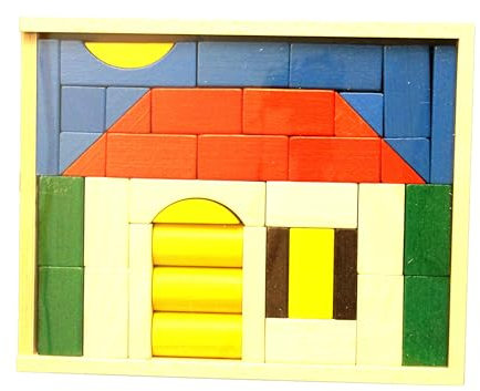 Baukasten Puzzel Haus aus Holz bunt 41 Teile Breite 29mm Würfel Quader Zylinder Bogen Prisma Bild