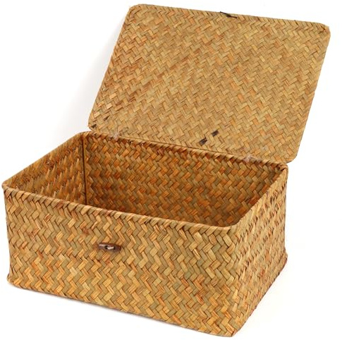 FEIALNDUO Wicker Shelf Baskets with Lid,Seagrass Storage Basket Bins Rectangular Handwoven Basket Boxes for Shelves Desktop Home Organizer (Natural, Large)