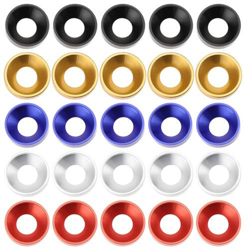 SG Store Lot de 25 rondelles à tête fraisée M8 x 18 x 5 mm en alliage d'aluminium Joints colorés Contient 5 pièces de chacune en noir/rouge/bleu/argent/or pour accessoires de vis de meubles de voiture