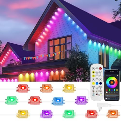 Permanente Außenbeleuchtung, 15M Smart RGB IC Außenleuchten mit 72 Szenenmodi, IP67 wasserdicht Lichterkette außen, Arbeit mit APP und Fernsteuerung für Feste im Innen- und Außenbereich, Feiertag