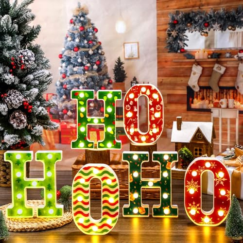 Glooglitter Lettres lumineuses LED de Noël pour chapiteau - Décoration de table lumineuse pour table de chapiteau - Décoration de Noël pour cheminée, cheminée, chambre à coucher, cadeau de fête mural