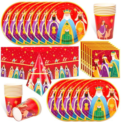 HOWAF Decoración Navidad Reyes Magos, Vajilla y Mantel, Plato Llano, Servilleta Papel, Vaso Cartón para Mesa Navideña