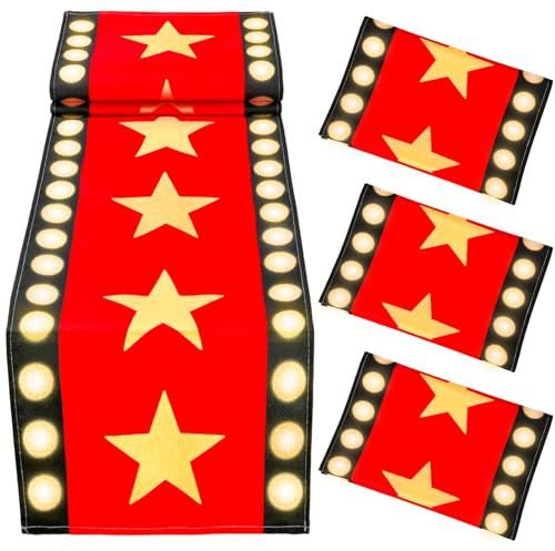 Tischläufer mit goldenem Stern-Design, 33 x 183 cm, roter Teppich, Dekoration für Geburtstagspartys, Rot, 4 Stück