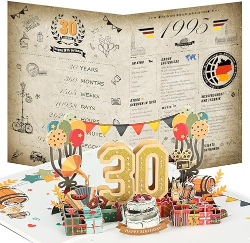 Joyoldelf 30. Geburtstagskarte, 1995 Jahrgang Zeitung Geburtstag Karte, 3D Pop Up Grußkarten mit Umschlag, Vintage Geburtstag Geschenke für Mann und Frau