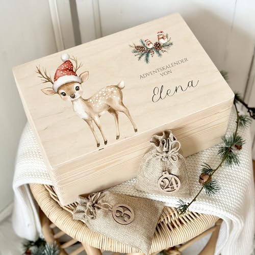 Manufaktur Liebevoll Adventskalender zum Befüllen, personalisierter Adventskalender Kinder Erwachsene Holzkiste DIY Weihnachtskalender Mädchen Jungen Sie und Ihn als Geschenk (Elena)