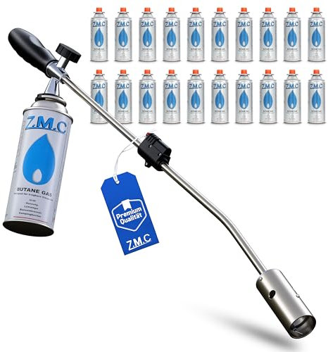 ZMC Unkrautvernichter 2,5 kW + 20 Gaskartuschen 227g, Unkrautbrenner mit Piezo-Zündung, Abflammgerät mit einstellbarer Flammenleistung bis zu 1400 °C, für den unkrautfreien Garten und Gehweg